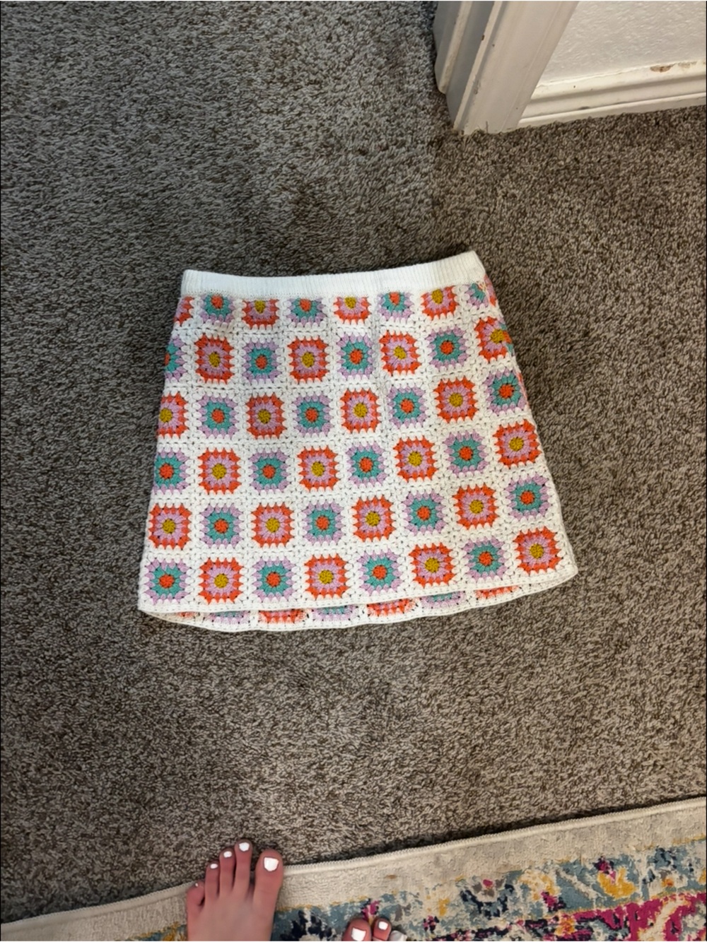 Rue21 White Crochet Mini Skirt with Coral and Teal Squares